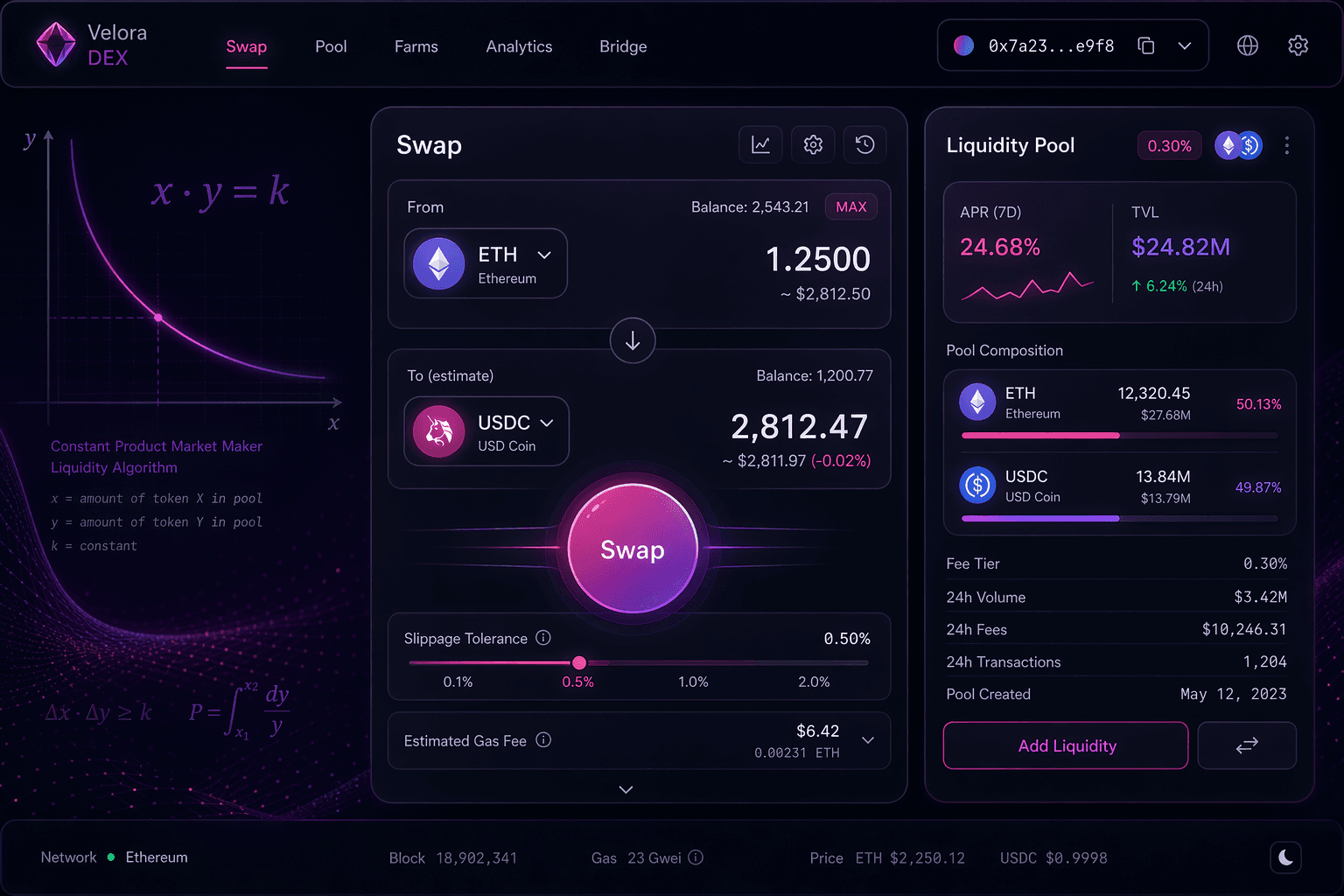 DEX のスワップウィジェットと流動性プール UI