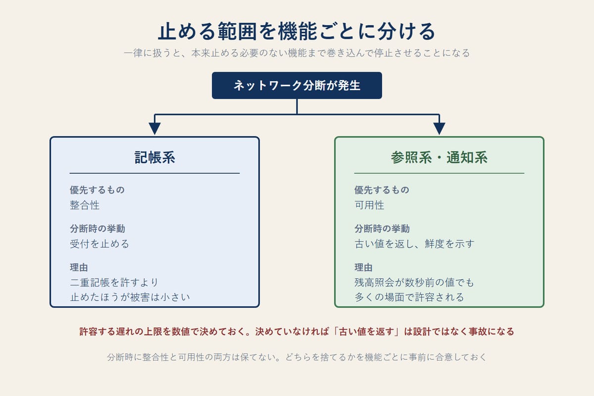 ネットワーク分断時に、記帳系は整合性を優先して受付を止め、参照系は可用性を優先して古い値を返すというように、機能ごとに停止の判断を分けるべきことを示した図
