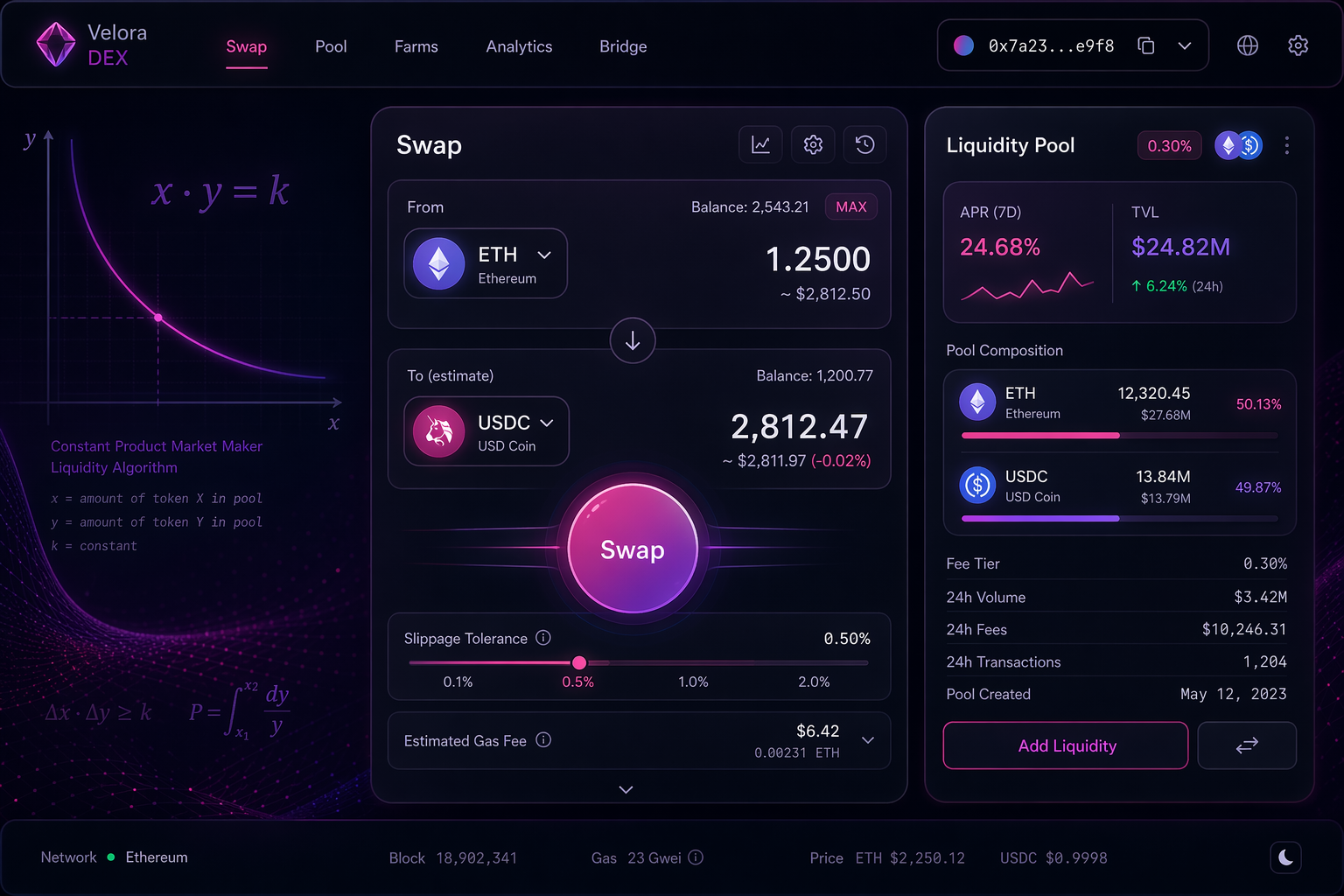 DEX のスワップウィジェットと流動性プール UI