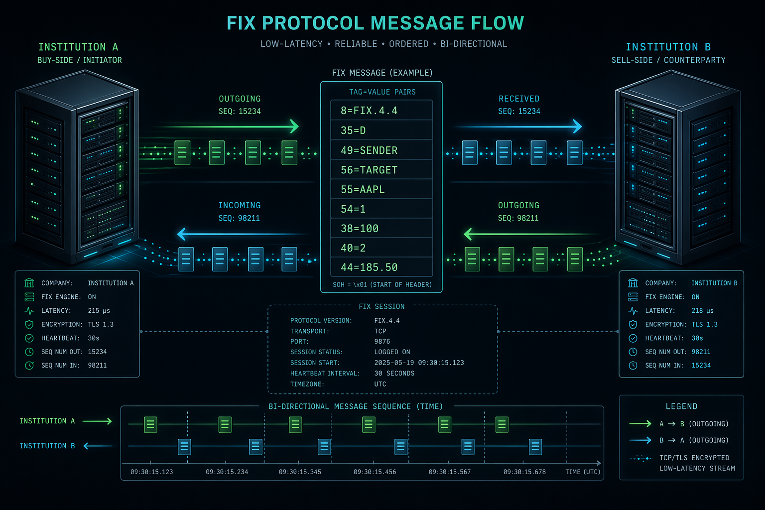 FIX プロトコルの tag=value メッセージ構造と金融機関間のメッセージフロー図